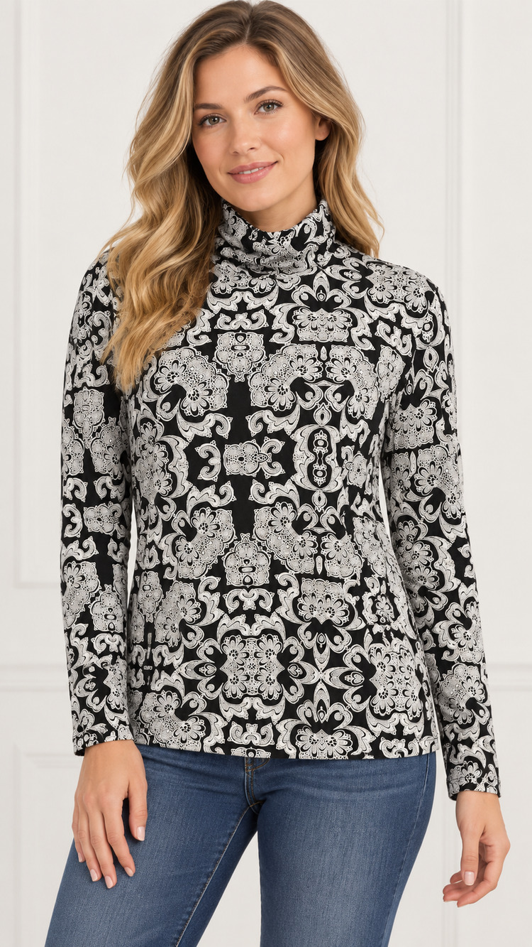 NWT RAFEALLA L black white geometric high neck windowpane soft stretch career